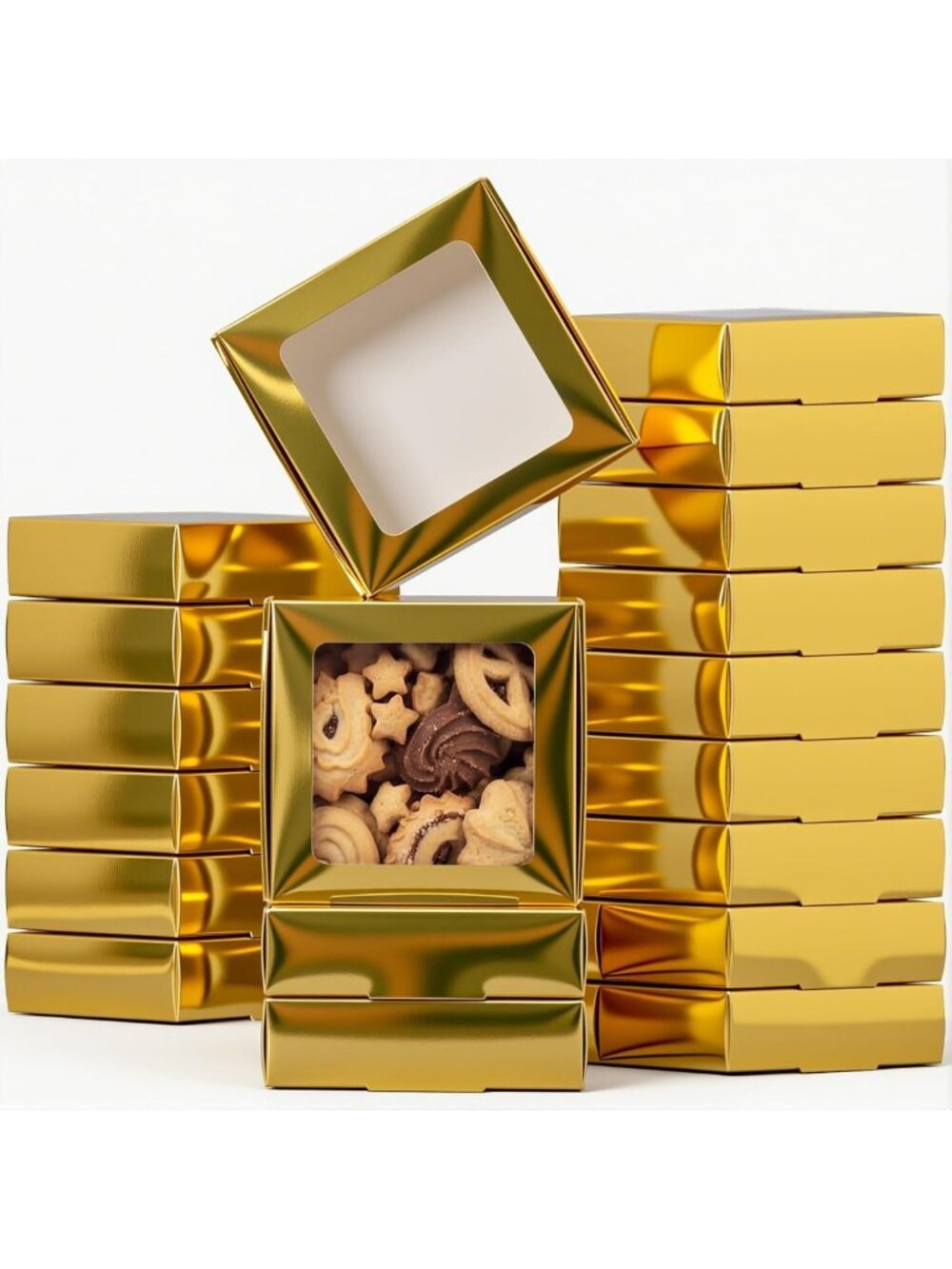 30 Pcs Kraft Paper Gift Boxes with Window - 4.13x4.13x1.18 Inch, Gold Packaging